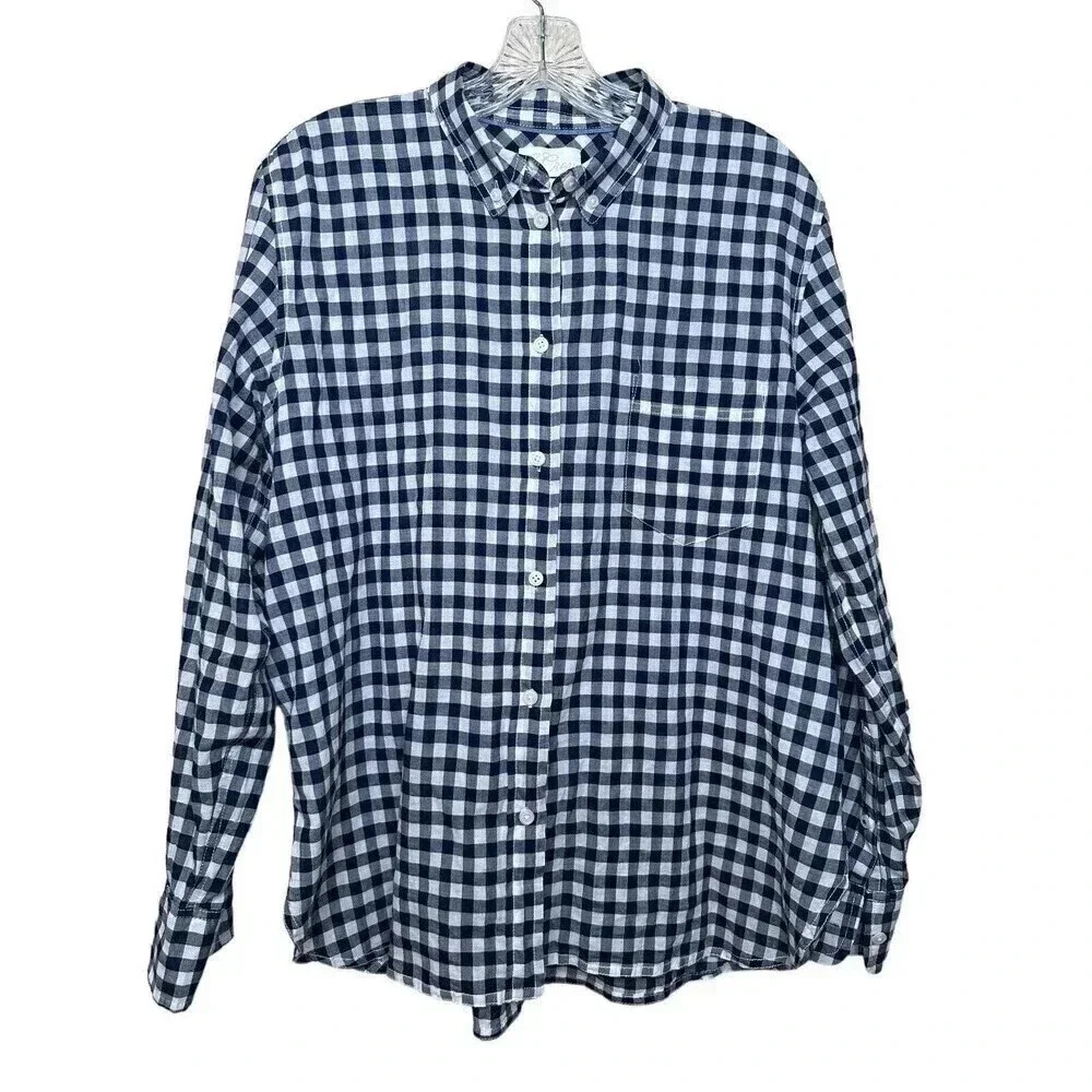 J Crew Womens Gingham Navy Blue White Long Sleeves Button Front 12 99% Cotton